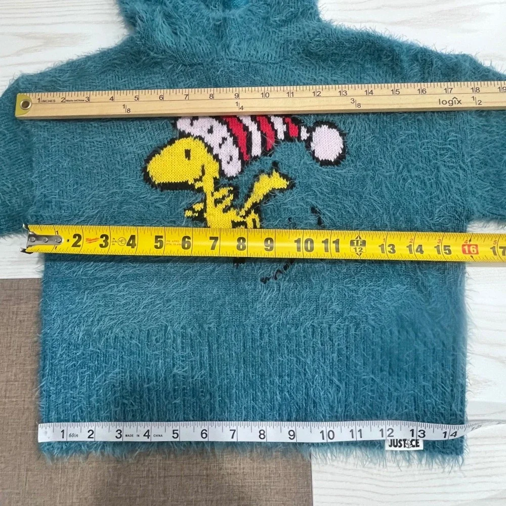 Justice Woodstock Peanuts Hoodie Sweater Girls XS 5/6 Sea Blue Fuzzy Holiday